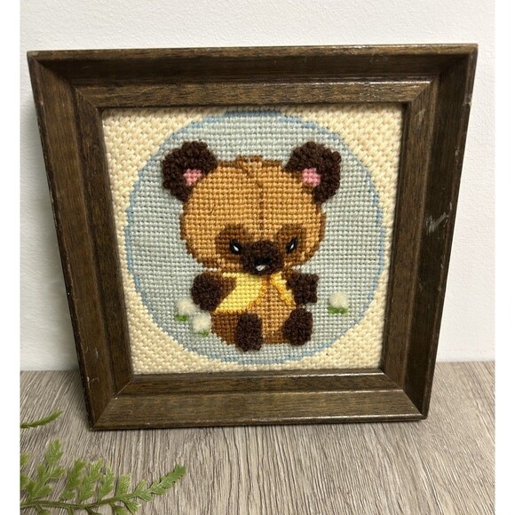Vintage Nursery Decor Needlepoint Crewel Teddy Bear Framed 6” - Picture 1 of 6